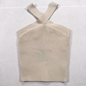 ARITIZIA BABATON Women's Size XS Cream Ribbed Knit Criss‎ Cross Halter Neck Top